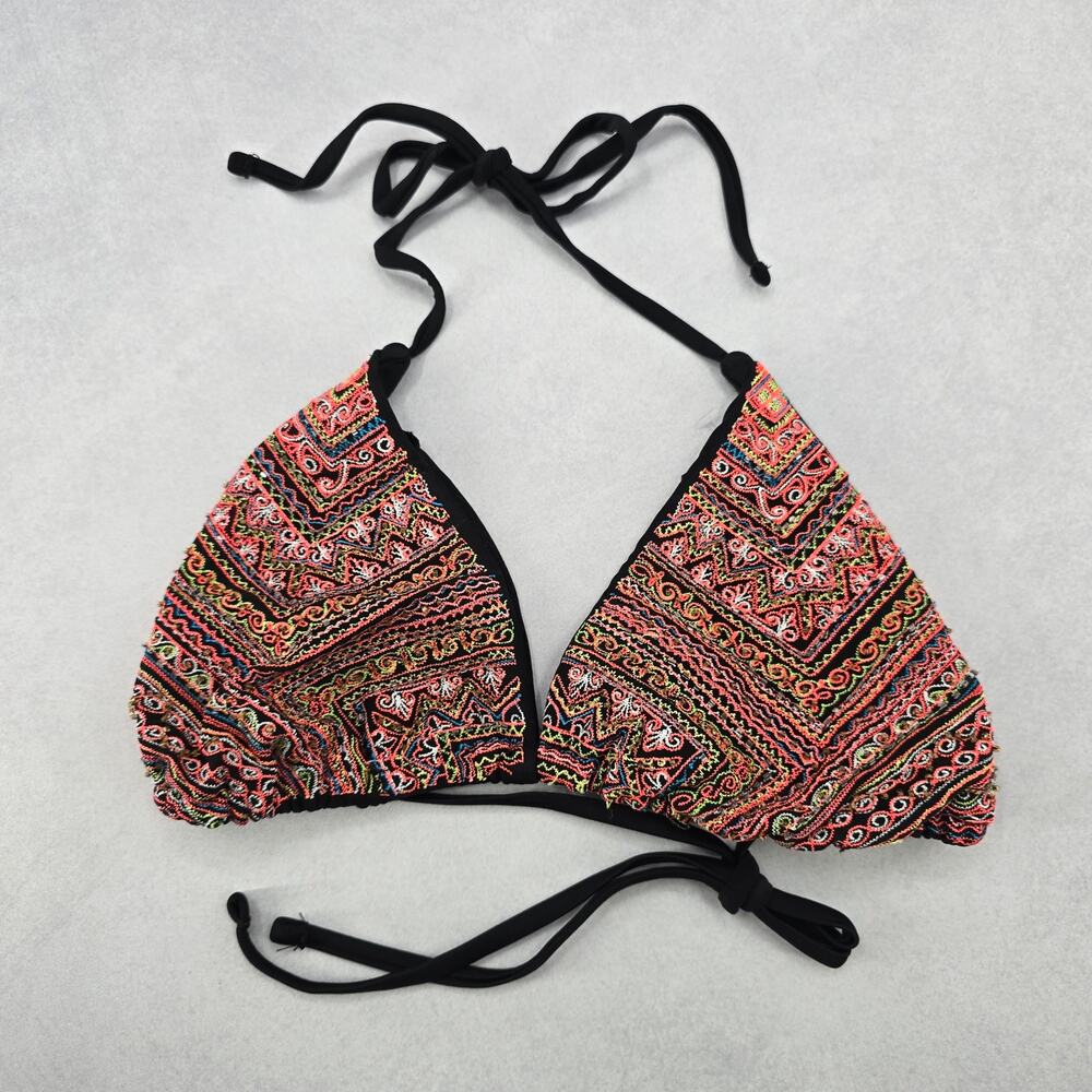 Black Bead Embroidered Halter Tie Active Sports‎ Bikini Boho Beach Top S Small